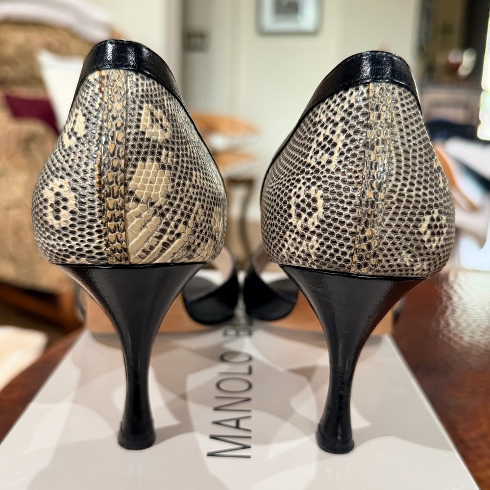 Manolo Blahnik Black and Beige Snake-Print Open-Toe Heels - Picture 5 of 6
